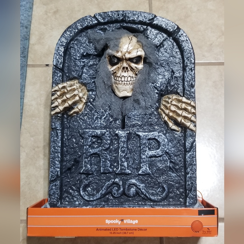 Spooky Village Animated LED Zombie Skeleton Tombstone